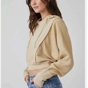 Free People Love Letter Hoodie Tan Gauze Mix Cropped Hoodie Sweatshirt Boho M